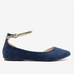 M&L Women Faux Suede Cracked Gold Strap Ballet Flats - Navy - Size 7.5 & 11